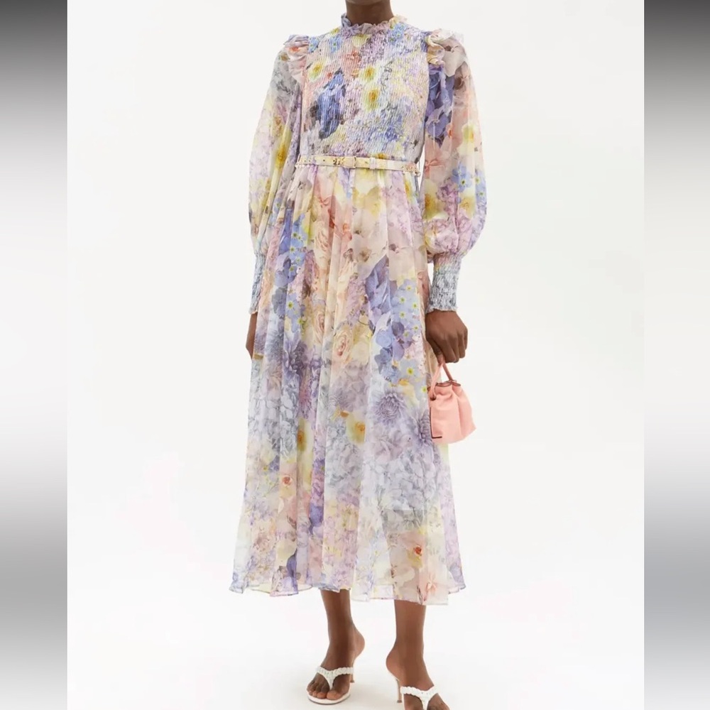 Zimmermann Lavender Floral Chiffon Midi Dress - Pastel Multi